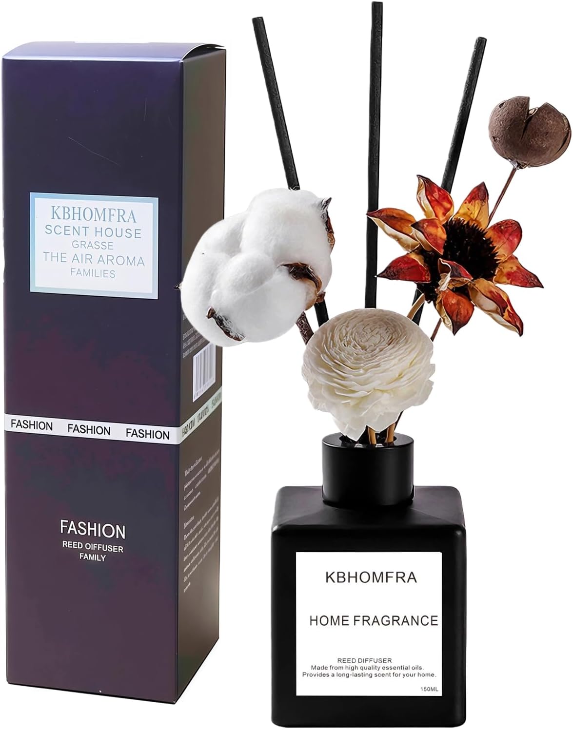 Reed Diffuser Set with Dried Flowers, 3.38fl.oz Fragrance Diffuser with Sticks, Scented Sticks Aroma Diffuser, Home & Office Décor for Air Fresheners, Bathroom (Jasmine Tea)