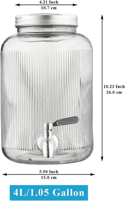 Berglander Glass Drink Dispenser for Fridge, 1 Gallon Beverage Dispenser with Leakproof Stainless Steel Spigot, Water, Laundry Detergent, Juice Dispenser for BBQ, Picnic, Parties and Events (Clear)