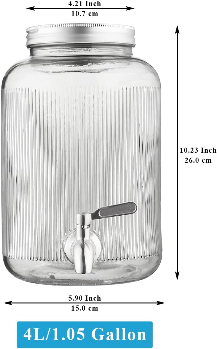 Berglander Glass Drink Dispenser for Fridge, 1 Gallon Beverage Dispenser with Leakproof Stainless Steel Spigot, Water, Laundry Detergent, Juice Dispenser for BBQ, Picnic, Parties and Events (Clear)