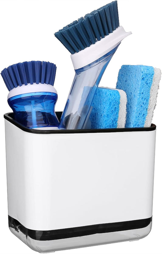 KeFanta Sink Caddy for Countertop, Sponge Holder for Kitchen Sink, Dish Sponge and Brush Holder, Plastic Dish Scrubber Organizer with Drain Pan, Black