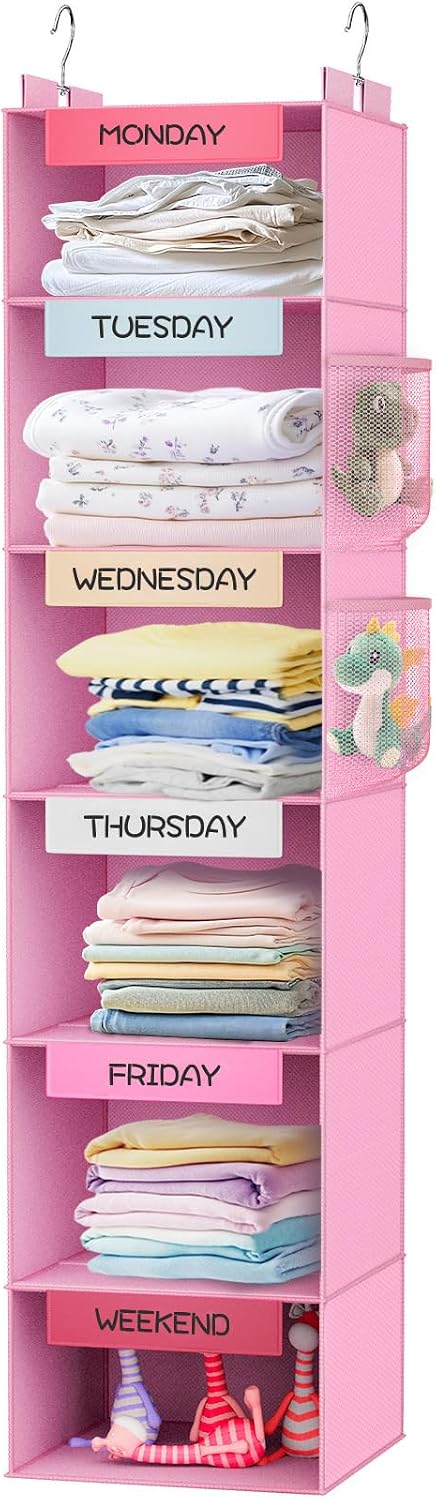 Weekly Hanging Closet Organizer for Kids, 6-Shelf Clothes Storage with Labeled Days of The Week Monday Through Friday, Weekday and Weekend, Days of The Week Clothes Organizer
