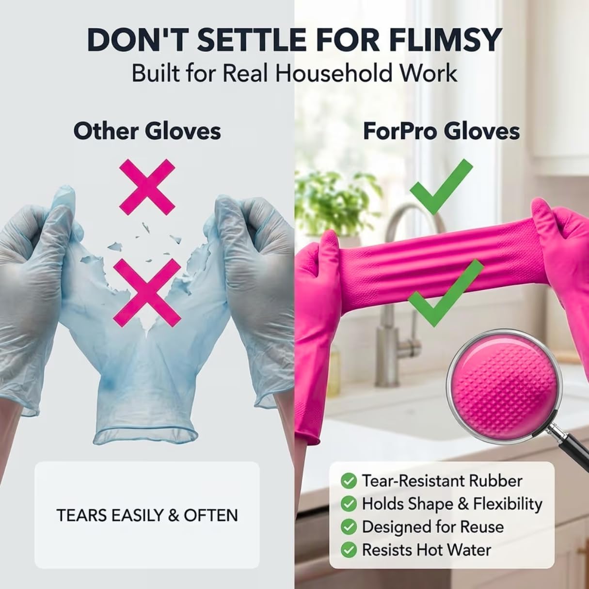 ForPro Natural Rubber Gloves, 6 Pairs Reusable Multi-Purpose Household Cleaning Gloves with Soft Inner Lining, Waterproof & Chemical-Resistant, Wild Cherry, Small