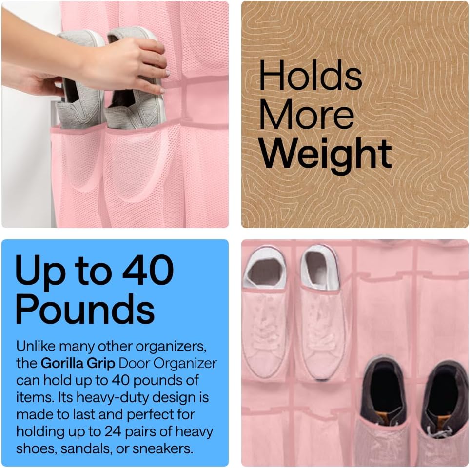 GORILLA GRIP Over the Door Shoe Organizer, 24 Large Breathable Mesh Pockets, Space Saving Hanging Storage Holder, Closet Rack Hanger Holds Up to 40 lbs, Hangs on Closets for Shoes, Accessories, Grey