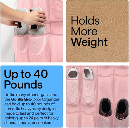 GORILLA GRIP Over the Door Shoe Organizer, 24 Large Breathable Mesh Pockets, Space Saving Hanging Storage Holder, Closet Rack Hanger Holds Up to 40 lbs, Hangs on Closets for Shoes, Accessories, Grey