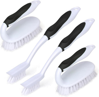 Scrub Brush Set, 4 Pack Deep Cleaning Brush Kit - 2 Scrub Brush, 2 Tile & Grout Brush with Built-in Scraper, Household Commercial Scrubber for Floor, Shower, Pool Wall, Tub (Green)