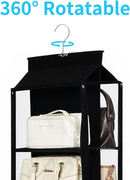 8 Grids in 1 Pack Hanging Purse Handbag Organizer with Double Zippers, Visible Purse Organizer for Closet, Fully Enclosed Purse Storage Holder-Black