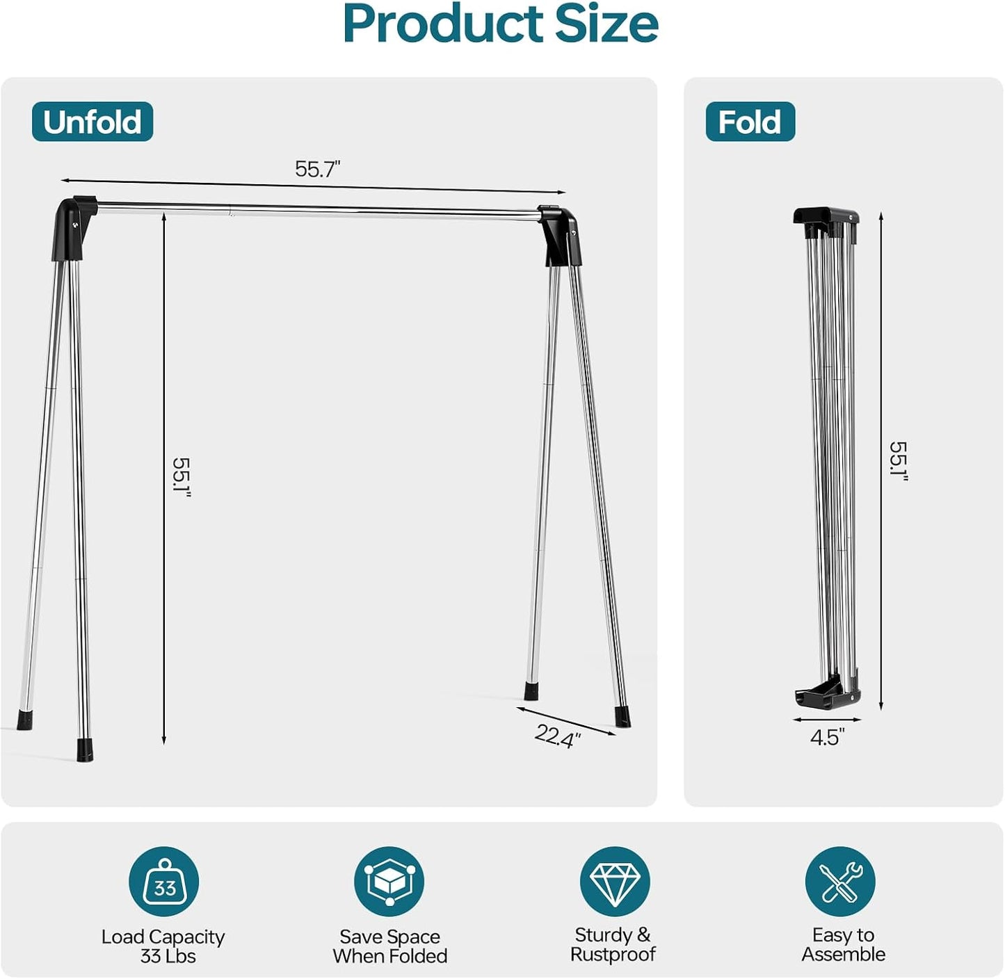 TOOLF 55 Inch Stainless Steel Collapsible Clothes Drying Rack | Drying Rack Clothing, Non Slip Foot Pads, Indoor Outdoor Use, Garments, Sweaters, Towels, Delicate Laundry Daily Wear