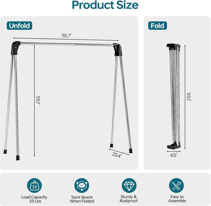 TOOLF 55 Inch Stainless Steel Collapsible Clothes Drying Rack | Drying Rack Clothing, Non Slip Foot Pads, Indoor Outdoor Use, Garments, Sweaters, Towels, Delicate Laundry Daily Wear