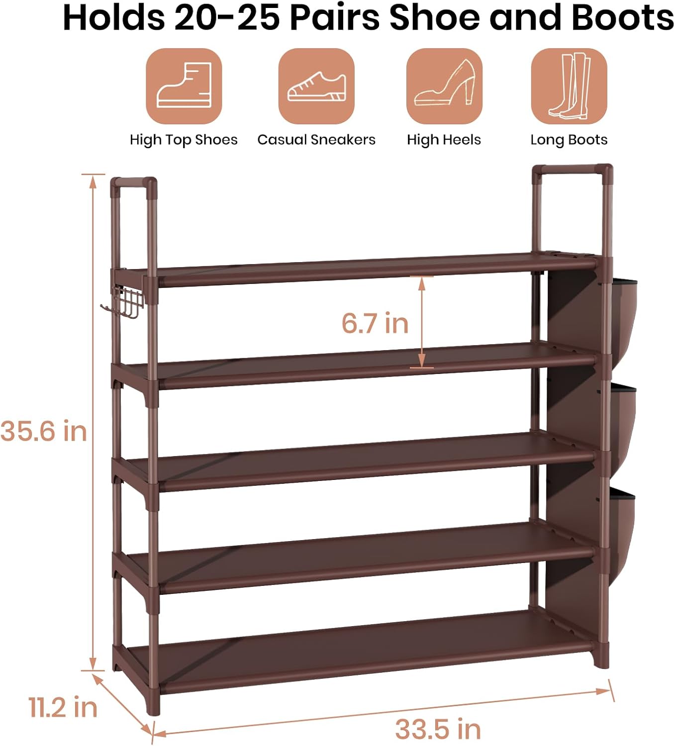 VILICK 5 Tier Shoe Rack with Hook and Side Pocket,Shoe Organizer Space Saver Storage for 20-25 Pair Shoe Storage Shelf Sturdy Free Standing Long Shoe Rack Organizer for Closet,Entryway,Small Spaces