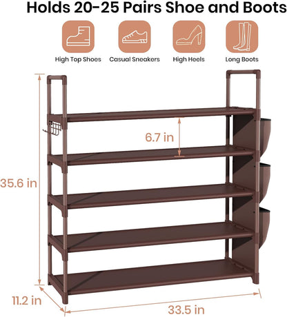 VILICK 5 Tier Shoe Rack with Hook and Side Pocket,Shoe Organizer Space Saver Storage for 20-25 Pair Shoe Storage Shelf Sturdy Free Standing Long Shoe Rack Organizer for Closet,Entryway,Small Spaces