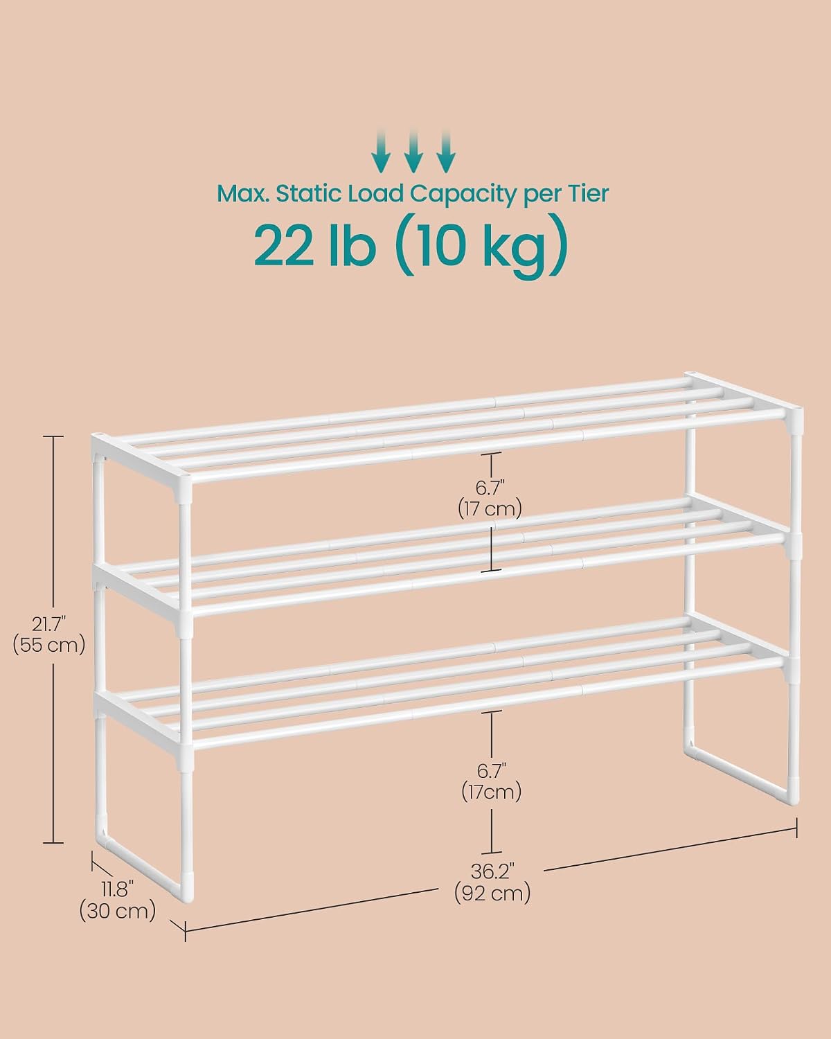 SONGMICS Shoe Rack, 6-Tier Shoe Organizer, Metal Storage Shelf, Upright or Upside Down, for 24-30 Pairs, Stackable, for Entryway, 11.8 x 36.2 x 42.7 Inches, Black ULSA306BH01