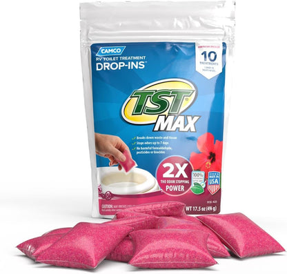 Camco TST MAX RV Toilet Treatment Drop-INs - Control Unwanted Odors and Break Down Waste and Tissue - Septic Tank Safe - Lavender Scent - 30-pack (41553)