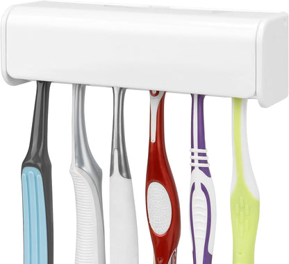 Linkidea Wallmount Toothbrush Holder with Cover for Shower, Space Saving Organizer for RV, Plastic Self Adhesive 6 Slots Tooth Brush Hanger Compatible with Oral-B CrossAction, ExtraClean