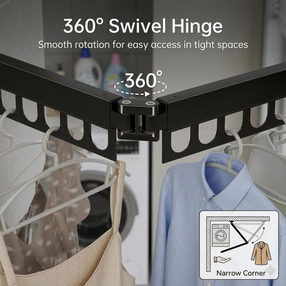 Wall Mount Laundry Drying Rack with 24 Hooks – Foldable 3-Bar Rustproof Steel Clothes Organizer, 360° Swivel Space-Saving Drying Station for Apartments, Laundry Rooms, Balconies & RVs