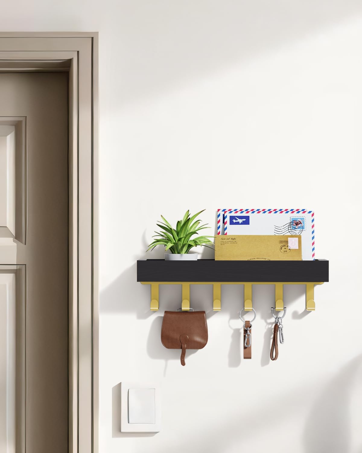 Key Holder Wall Mount Adhesive Magnetic - Hanging Key Hooks with Mail Organizer for Wallet House Accessories - Keys Hanger Rack with Shelf for RV Camper Entryway Door Home Living Room Decor Black