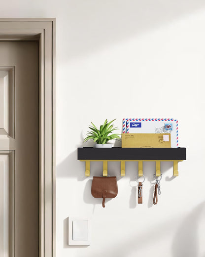 Key Holder Wall Mount Adhesive Magnetic - Hanging Key Hooks with Mail Organizer for Wallet House Accessories - Keys Hanger Rack with Shelf for RV Camper Entryway Door Home Living Room Decor Black