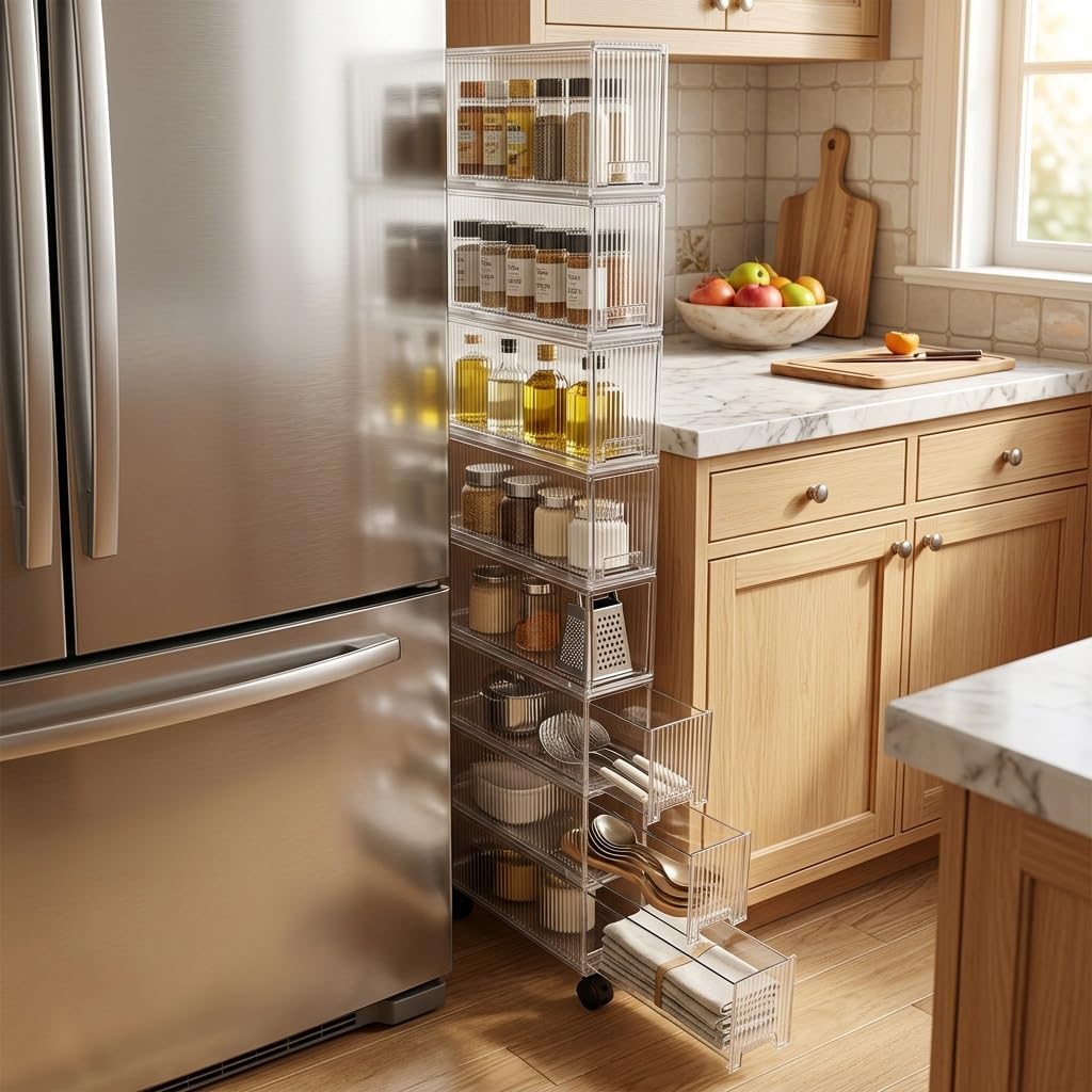 Slim Storage Cabinet with Wheels, Space Saving Narrow Rolling Cart, Thickened PET Transparent Drawer Organizer, Mobile Bathroom for Small Spaces Kitchen Laundry(Clear White,3.9*15.9*16.7in)