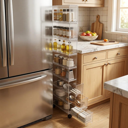 Slim Storage Cabinet with Wheels, Space Saving Narrow Rolling Cart, Thickened PET Transparent Drawer Organizer, Mobile Bathroom for Small Spaces Kitchen Laundry(Clear White,3.9*15.9*16.7in)