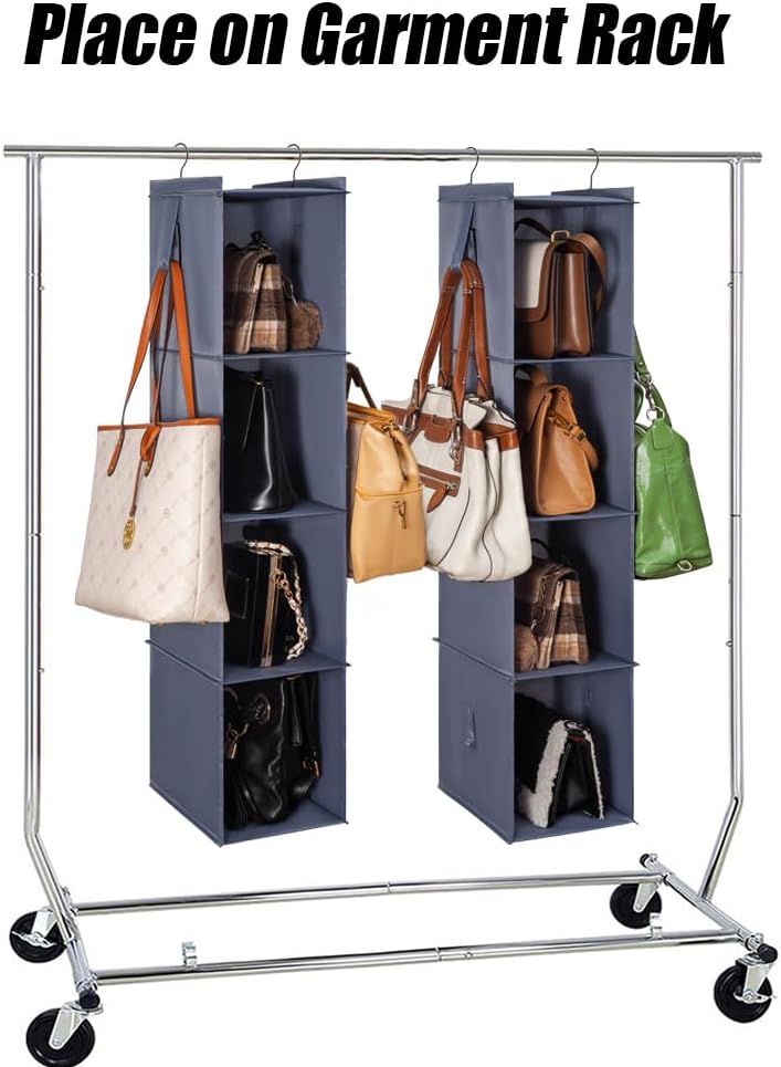 Hanging Closet Organizer Storage Shelf Rack Bag Sweater Hat Shoe | 59" Hang Closet Organization Storing Shelves Rack Display for Purse Handbag Clothes Space Saver Oxford Cloth Large Grey 2Pack