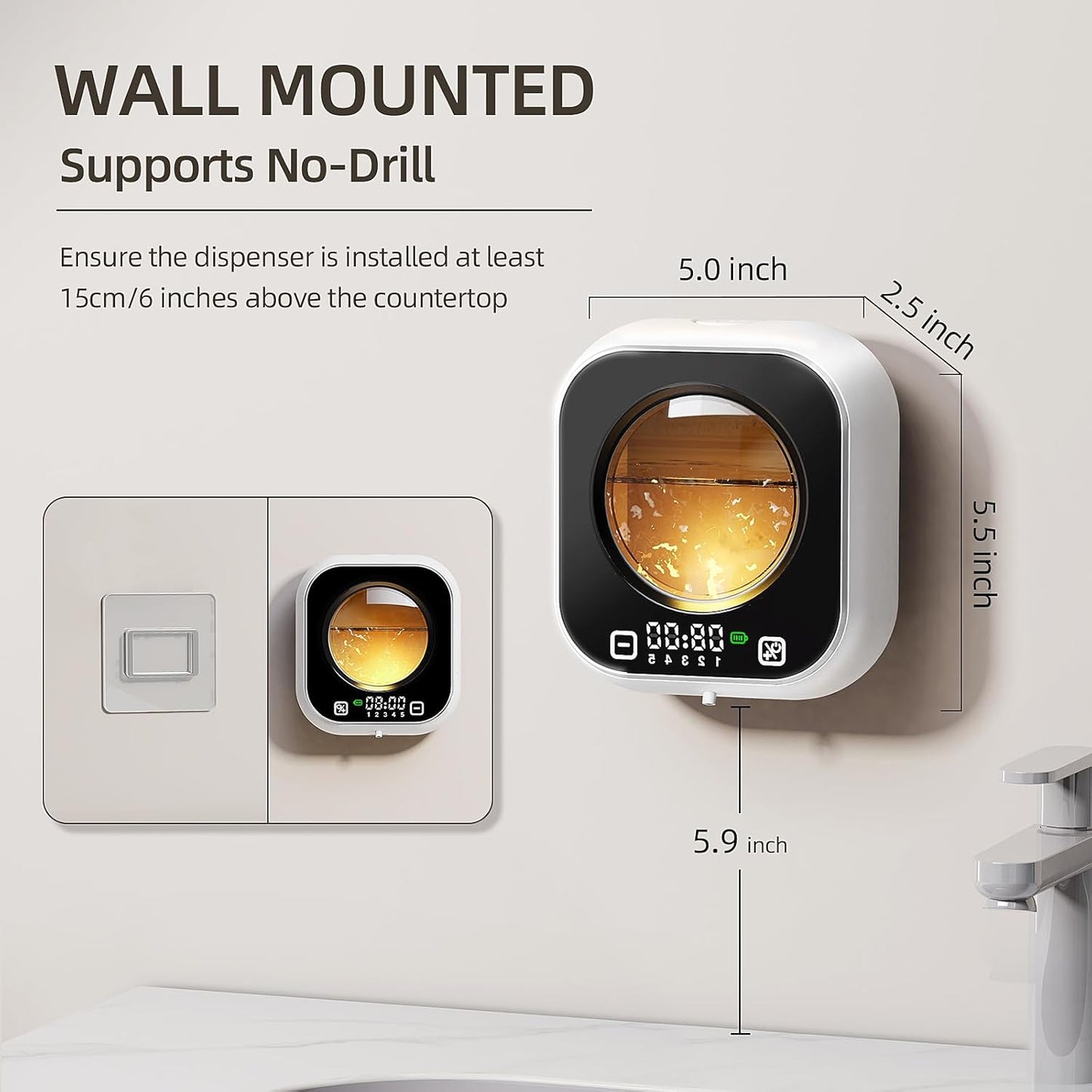 Automatic Foaming Soap Dispenser, Wall Mounted Soap Dispenser, 320ML Electric Smart Touchless Rechargeable, 5 Adjustable Foam Levels, No-Drill Waterproof for Bathroom, Kitchen, Office (Black)