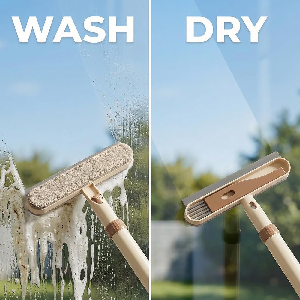 3-in-1 Double-Sided Window Screen Cleaning Brush, Window Screen Cleaner Tool with Squeegee, Dual-Use Wet & Dry Cleaning Brush with Built-in Crevice Tool, Long Handle for Home, Office & Car (Yellow*1)