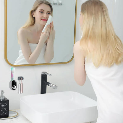 Wall-Mounted Toothbrush Holder with Cover, 2-Slot Organizer, Self-Adhesive Hanger, Automatic Toothpaste Dispenser for Bathroom/Shower