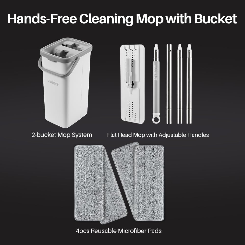 JOYMOOP Mop and Bucket with Wringer Set, Hands Free Flat Floor Mop and Bucket, 60" Mop with 3 Reusable Microfiber Pads, Wet and Dry Use, Floor Cleaning System