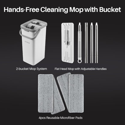 JOYMOOP Mop and Bucket with Wringer Set, Hands Free Flat Floor Mop and Bucket, 60" Mop with 3 Reusable Microfiber Pads, Wet and Dry Use, Floor Cleaning System