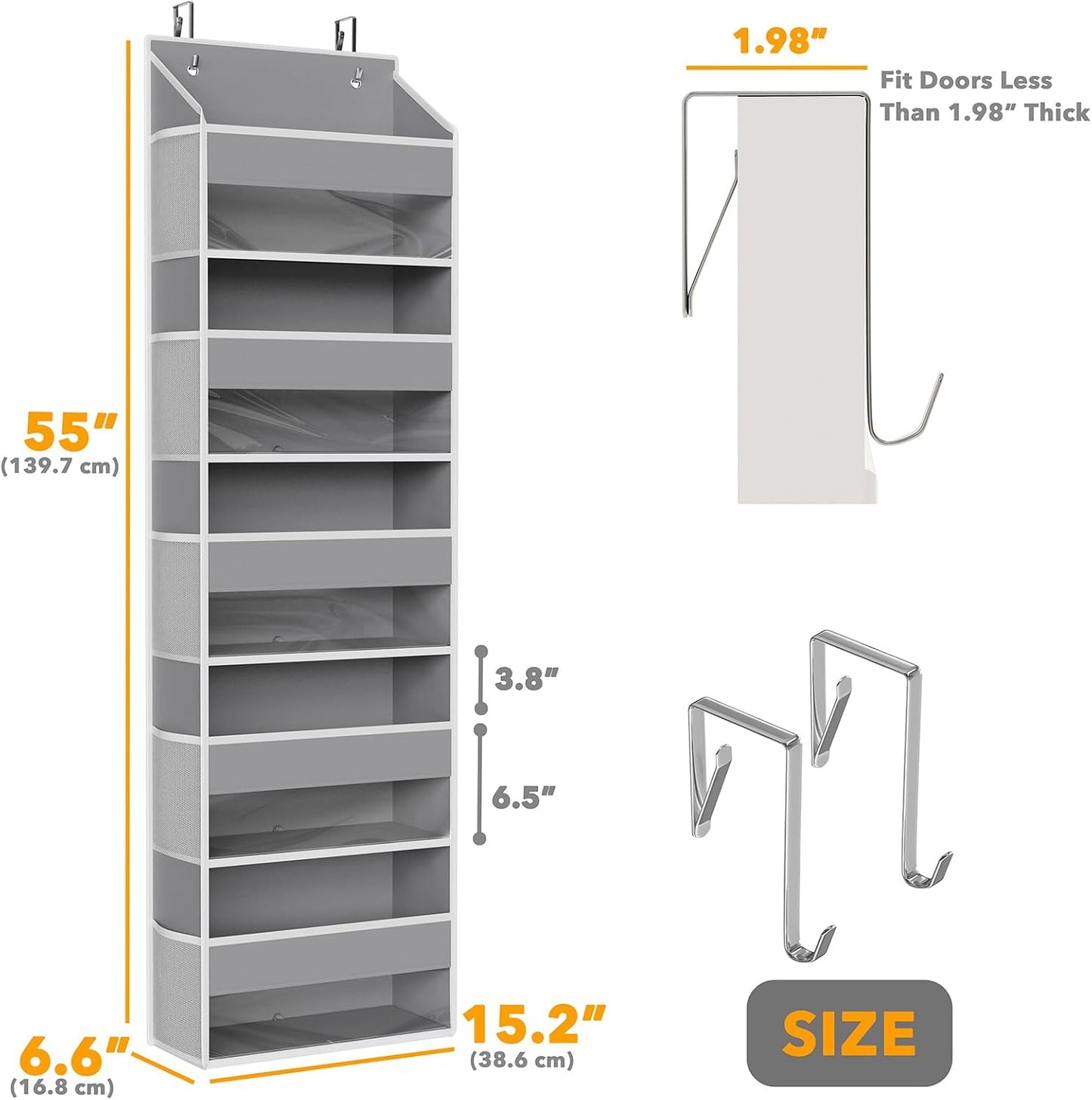 SpaceAid 1 Pack Over The Door Organizer with 5 Large Pockets and 10 Mesh Side Pockets, 5 Layers Door Organizer Hanging with Clear Window for Bedroom, Bathroom, Pantry and Nursery, Gray