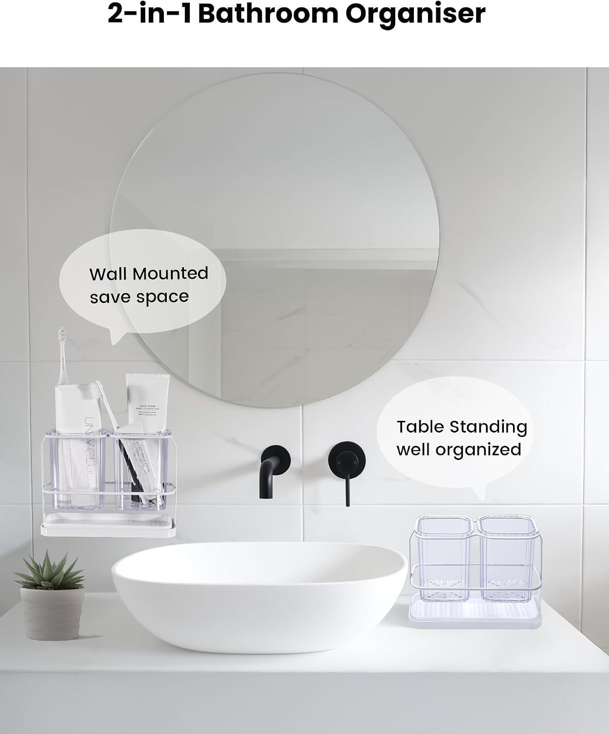 KONE Green Toothbrush Holders for Bathrooms, 2 Cups Toothbrush Holders Wall Mounted, Dry & Wet Separation, Bathroom Organizers and Storage, Bathroom Toothbrush Holder Set for Family Kids