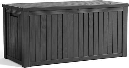 ROJIK 120 Gallon Waterproof Outdoor Deck Storage Box, Lockable Resin Patio Storage Bin with Lid for Garden Tools, Patio Cushions & Outdoor Accessories(Black)