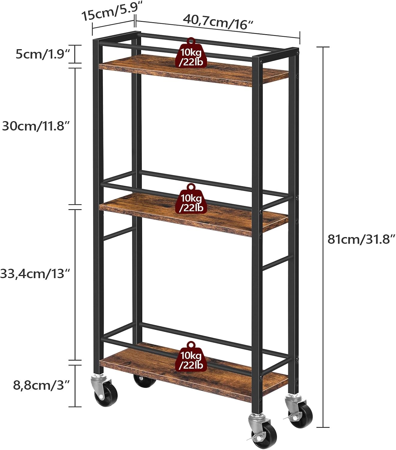 MAHANCRIS Slim Rolling Cart, Mobile Kitchen Cart on Wheels, Narrow Storage Cart for Small Space, Small Bar Cart, for Bathroom, Laundry, Living Room, Black RCHB1501