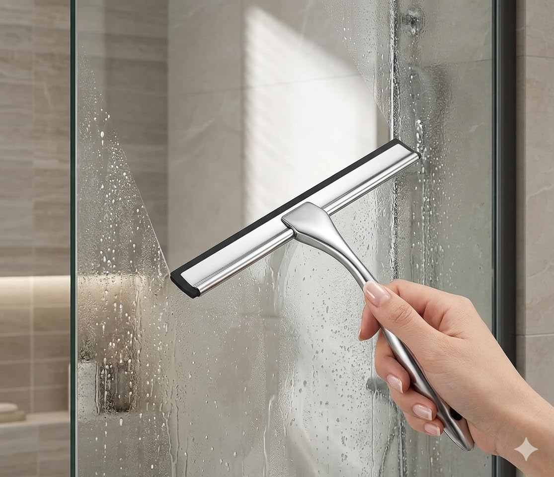 Shower Squeegee for Glass Doors - Stainless Steel Window Squeegee with Adhesive Hook, Streak-Free Silicone Blade for Bathroom Mirror, Tile, and Window