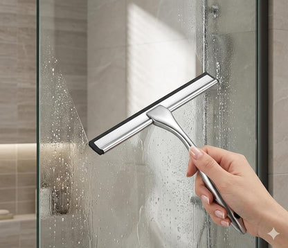 Shower Squeegee for Glass Doors - Stainless Steel Window Squeegee with Adhesive Hook, Streak-Free Silicone Blade for Bathroom Mirror, Tile, and Window
