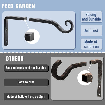 FEED GARDEN Heavy Duty Plant Hangers Outdoor Indoor, 8 Inch 2 Pack Metal Hanging Bracket Holds Up to 44 lbs, Wall Brackets for Hanging Baskets, Bird Feeders,Wind Chime& Lanterns, Black