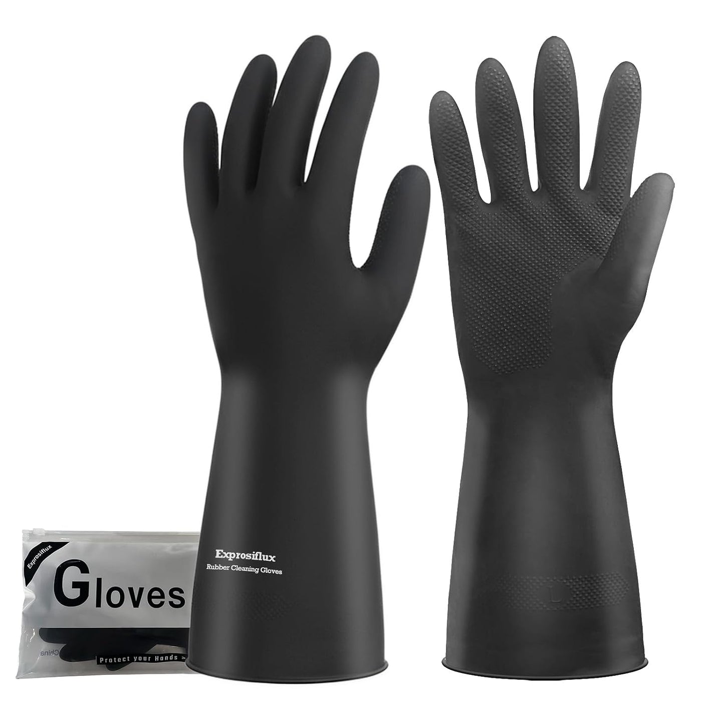 Heavy-Duty Thick Black Rubber Cleaning Gloves, 3 Pairs, L | Reusable & waterproof black/orange dual layers. Non-slip design for dishwashing, kitchen cleaning, and auto care.