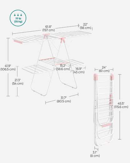 SONGMICS Clothes Drying Rack, with Sock Clips, Metal Laundry Rack, Foldable, Space-Saving, Free-Standing Airer, with 2 Height-Adjustable Gullwings, Indoor Outdoor Use, Gray ULLR052G01