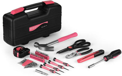 Flexzion 39 Piece Hand Tool Kits with Case - Compact Tool Kit for Handyman, Homeowners DIY - Household Tool Kit for Home with Portable Basic Tool Set Case, Pink