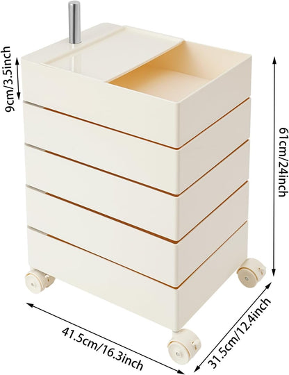 TFCFL 5 Tier Rolling Storage Cart, 360° Rotating Sofa Side Cabinet, Storage Cabinet Bedside Table for Bathroom Kitchen, Movable Narrow Cabinet with Wheels for Living Rooms, Kitchens, Offices (White)