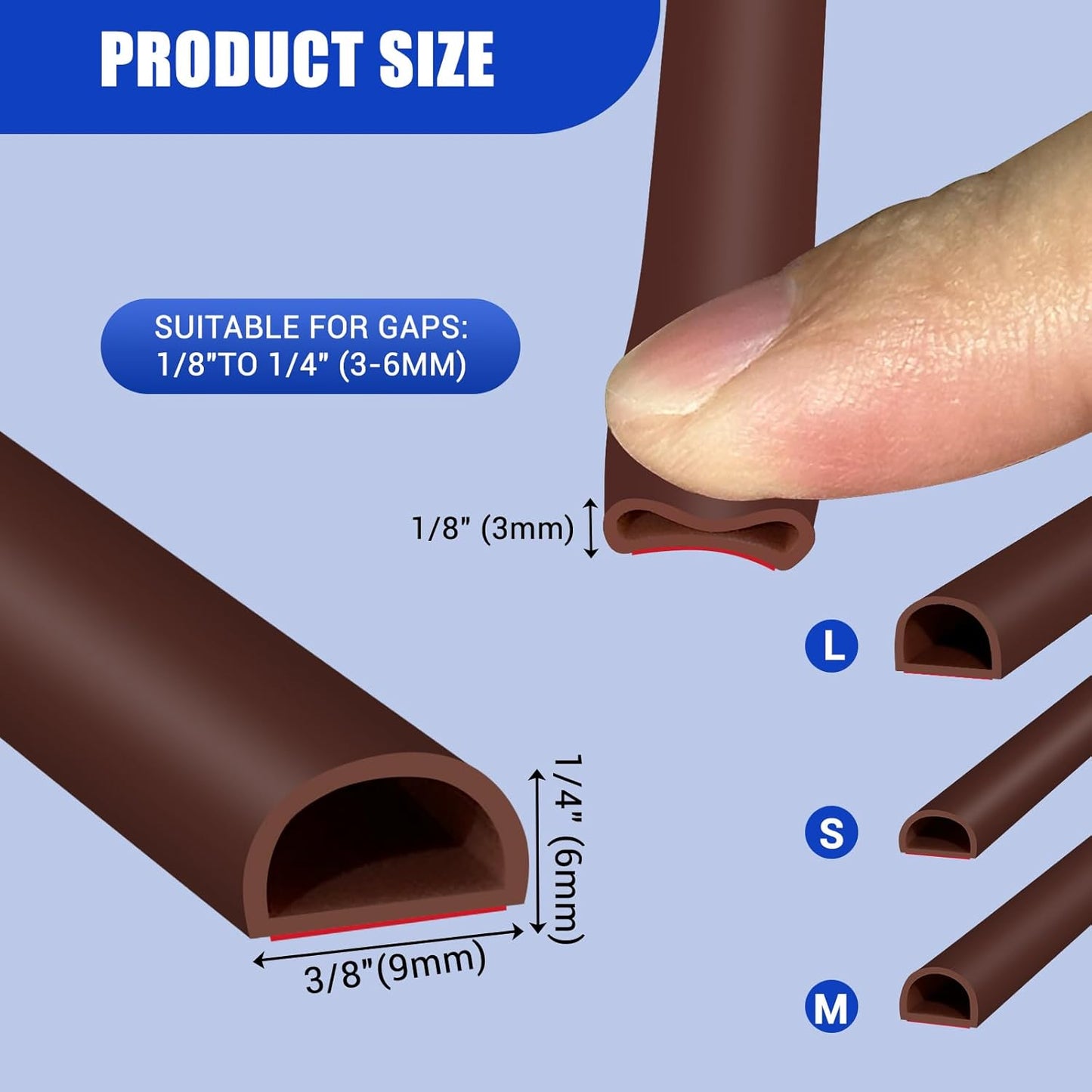 Weather Stripping Door Seal Self Adhesive Weather Strip Silicone D Shaped Door Seal Strip for Door Frame/Window Seal, 20Ft, Brown (3/8" W × 1/4" T)