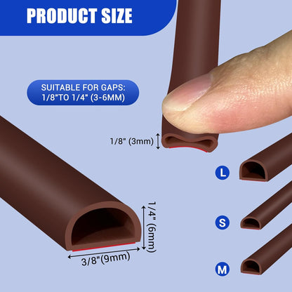 Weather Stripping Door Seal Self Adhesive Weather Strip Silicone D Shaped Door Seal Strip for Door Frame/Window Seal, 20Ft, Brown (3/8" W × 1/4" T)