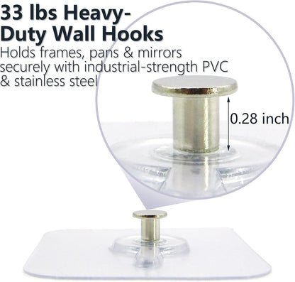 20 Pcs Heavy Duty Adhesive Picture Hooks – 33 lbs Load No-Nail Wall Hangers, Waterproof Transparent Sticky Hooks for Frame, Mirror, Bathroom, Kitchen, Home Decor (2.2 x 2.2 inch)