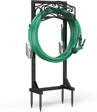 Sunvigor Garden Hose Holder, Heavy Duty Metal Hose Stand with 4 Spikes, Holds Up to 150FT Hose, No Drill Freestanding Hose Reel Alternative for Yard Lawn Outdoor