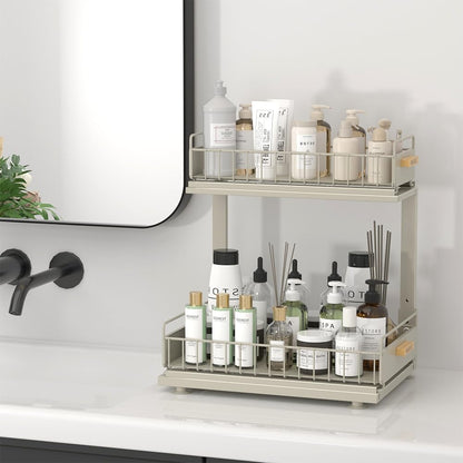 Under Sink Organizer Kitchen - Upgraded Professional Rails, 2 Tier Dual Pull Out Cabinet Storage, Height Adjustable Under Sink Storage, Metal Sliding Drawer for Kitchen & Bathroom, White, 2 Pack