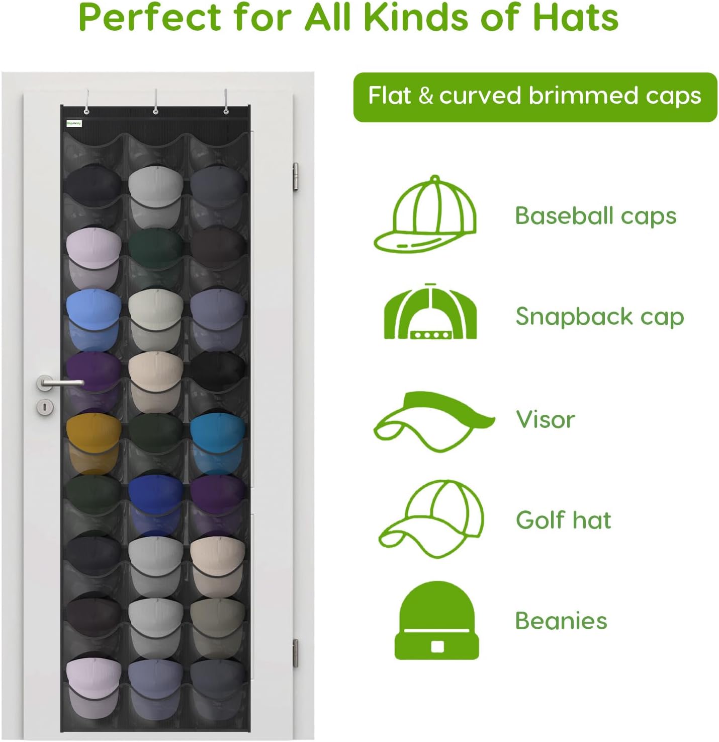 Baseball Hat Rack, 24 Pocket Over-The-Door Hat Organizer with Clear Deep Pockets to Display Baseball Caps Collection, Complete with 3 Over Door Hooks (Black, 24 Pockets)