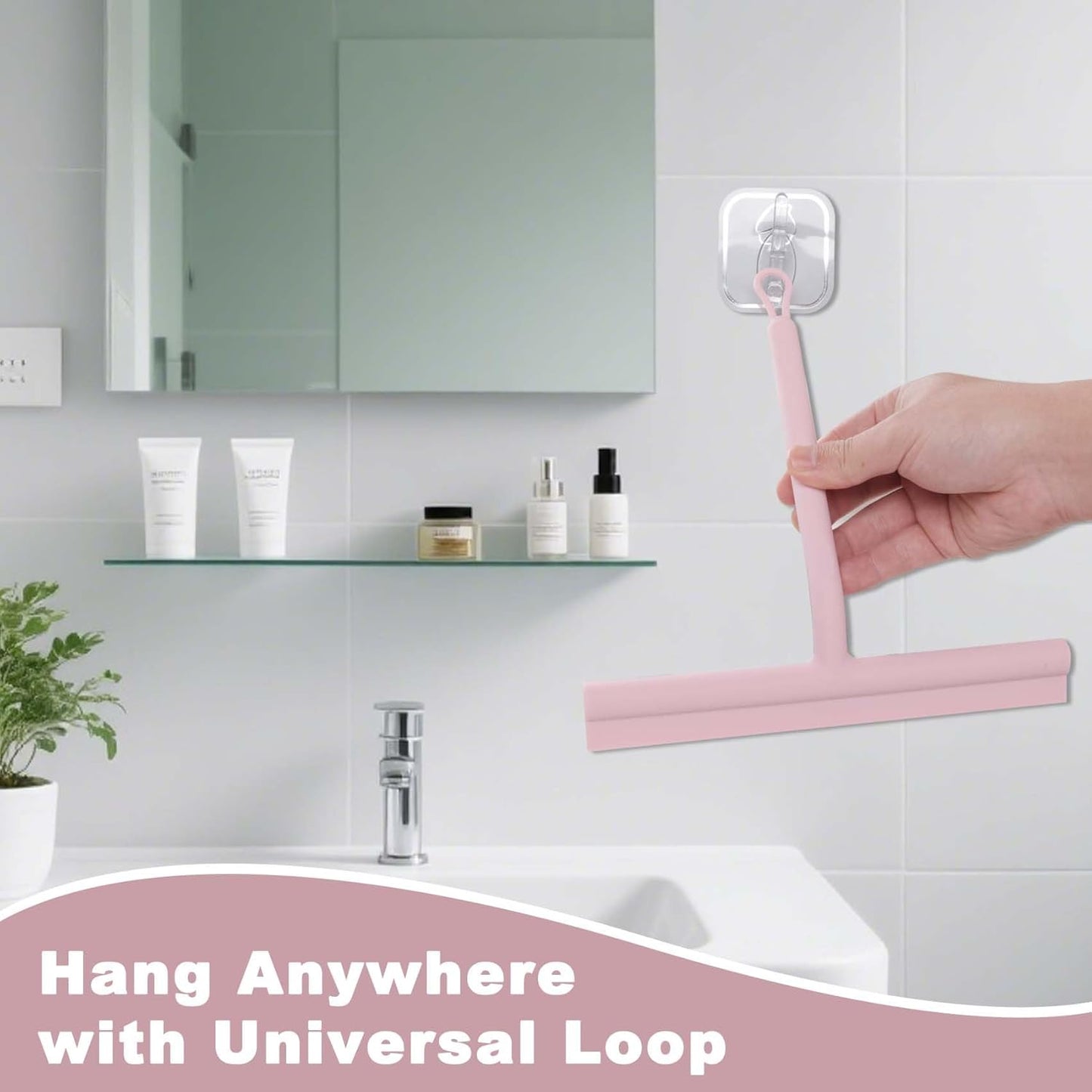 Squeegee for Shower Glass Doors, Resilient Loop - No-Drill & Adhesive Hook, Silicone Shower Squeegee with Stainless Steel Core, Cleaning Tool for Home, Kitchen, Bathroom & Car - Black