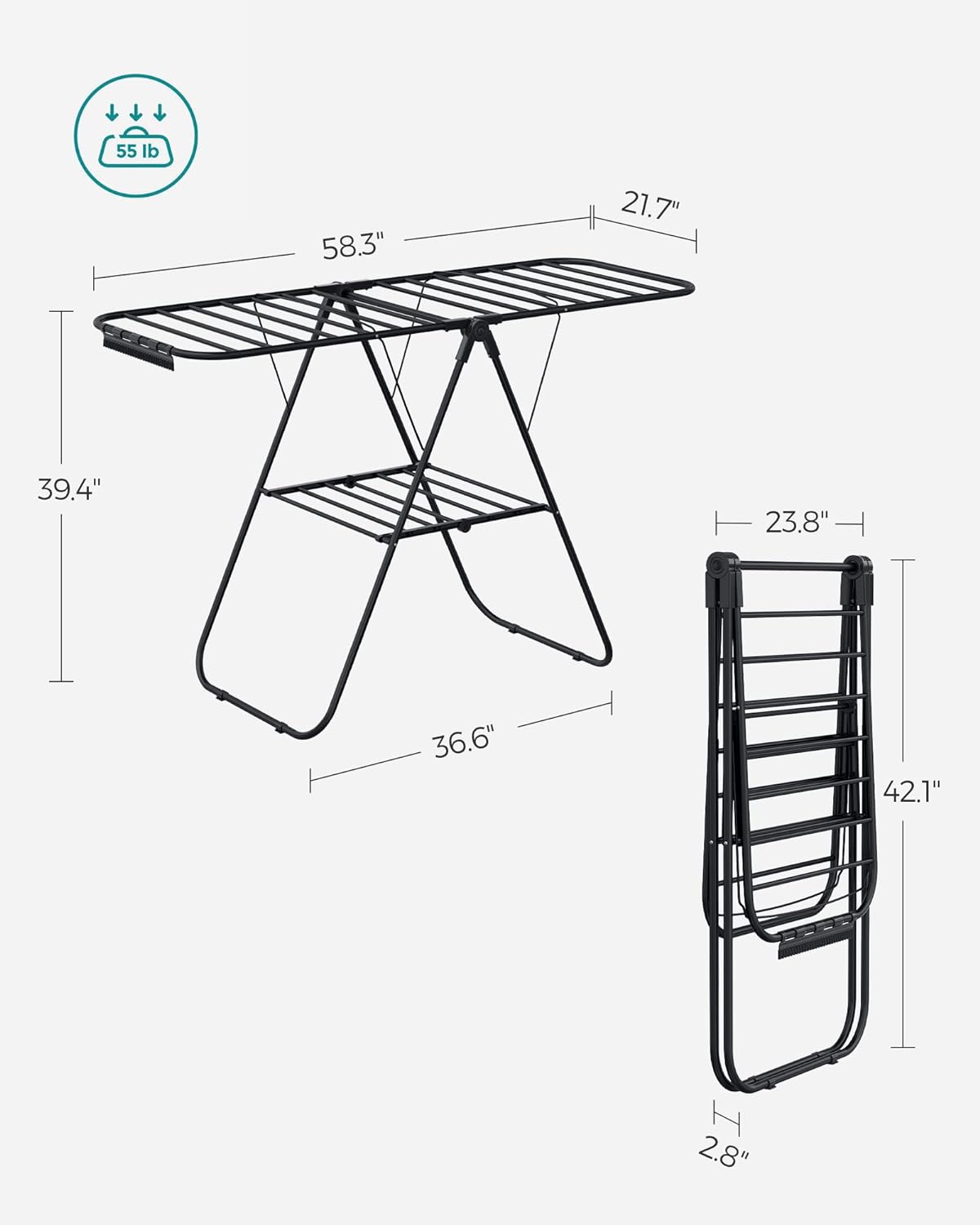 SONGMICS Clothes Drying Rack, with Sock Clips, Metal Laundry Rack, Foldable, Space-Saving, Free-Standing Airer, with 2 Height-Adjustable Gullwings, Indoor Outdoor Use, Gray ULLR052G01