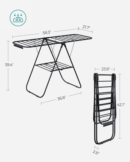 SONGMICS Clothes Drying Rack, with Sock Clips, Metal Laundry Rack, Foldable, Space-Saving, Free-Standing Airer, with 2 Height-Adjustable Gullwings, Indoor Outdoor Use, Gray ULLR052G01