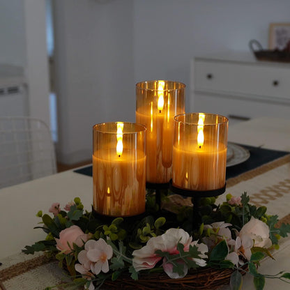 Amagic Clear Glass Flameless Candles Battery Operated with Timer, Remote Control, LED Pillar Candles, Battery Powered, Valentine's Day Decor, Pure White Wax, Set of 3