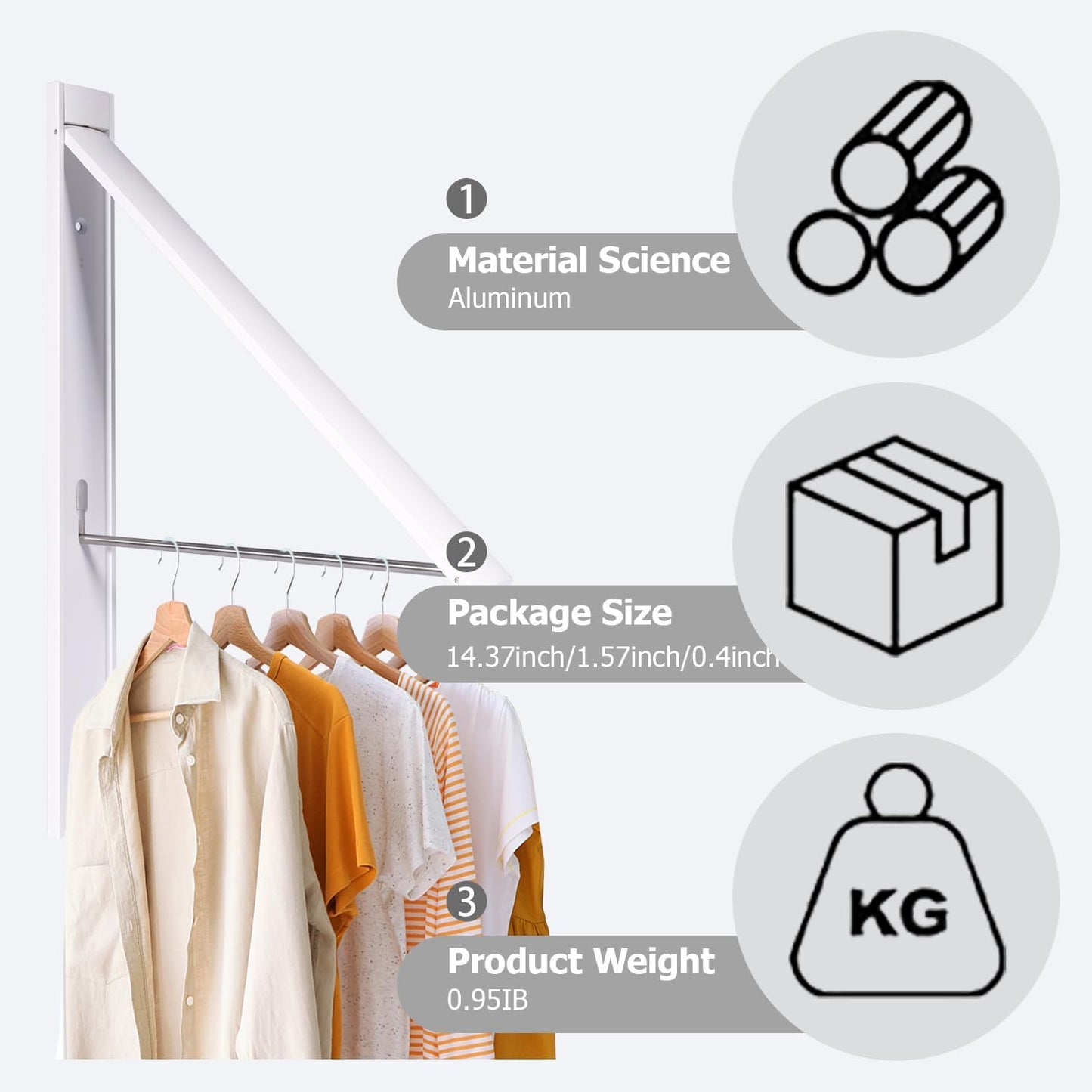 No Drill Wall Mounted Drying Rack 65 lb Aluminum, White | Wall rack folds flat to 0.39 inch. Holds 8-11 shirts. Pearl white finish for apartment, bathroom, RV, dorm.